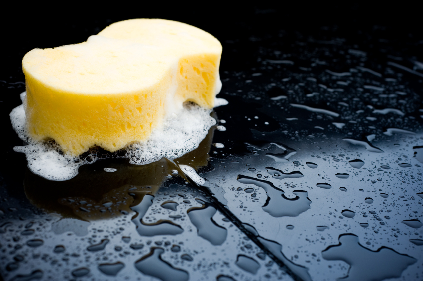 A car in the process of being cleaned.